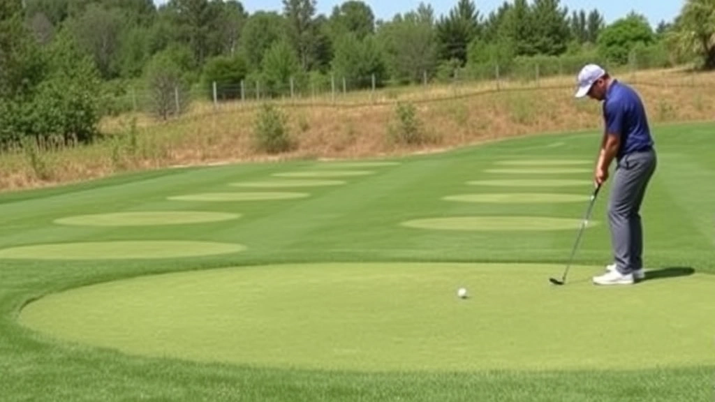 Golfer practicing short game at dedicated chipping area with multiple target greens, manicured rough, natural background, focus on skill development, clear day, professional facility setting, no visible text or signage