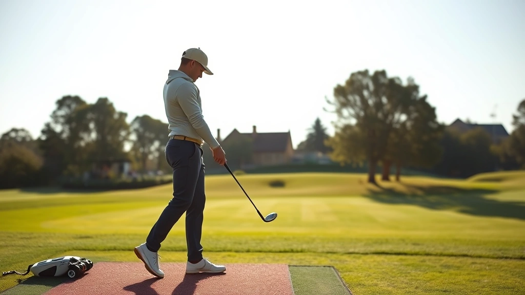 Golfer in proper stance and posture setup on practice range, mid-afternoon sunlight, professional form demonstrating correct alignment and body positioning