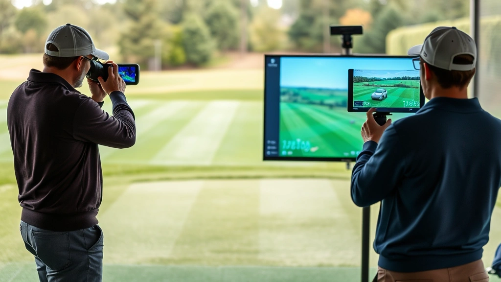 Golf instructor using launch monitor technology providing feedback to student on practice range, modern equipment visible, focused instruction moment