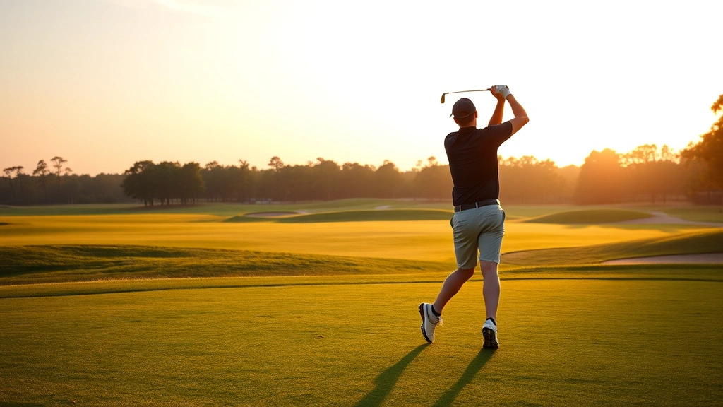 Golfer in mid-swing on fairway at morning golden hour with manicured grass and distant trees, professional athletic form