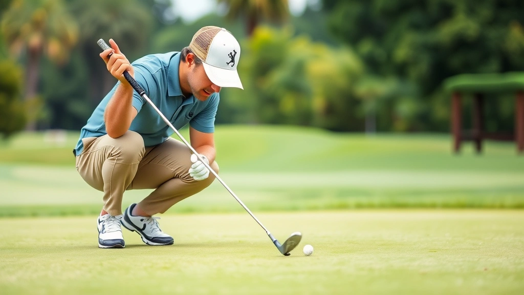 Golfer studying green with putter in hand, reading break and slope with focused concentration, natural course background