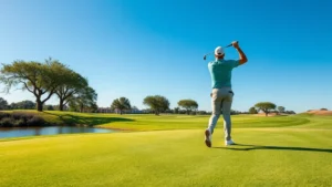 Professional golfer mid-swing on lush fairway with water hazard and manicured rough visible, blue Texas sky overhead, natural lighting