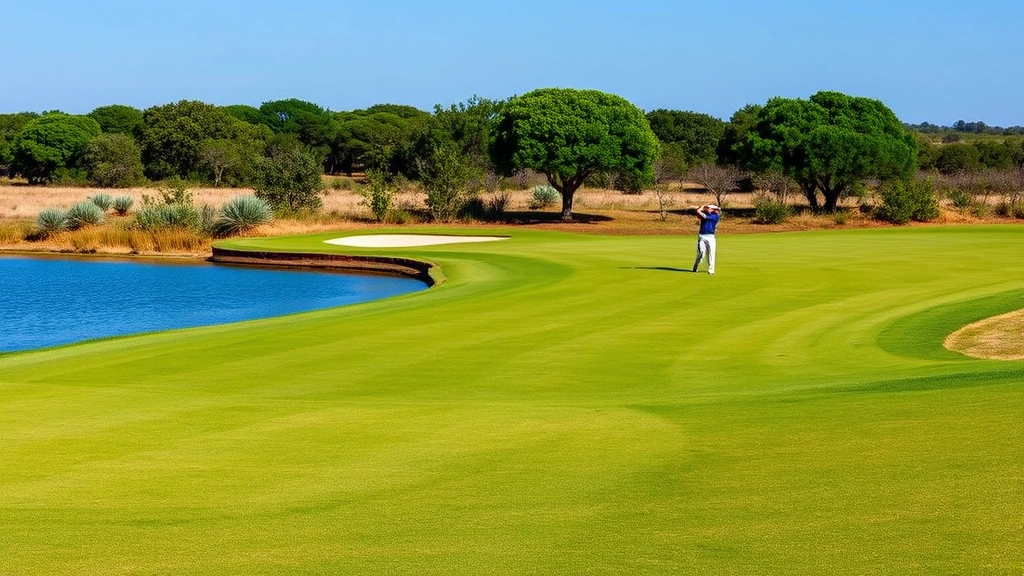 Wide fairway with water hazard and manicured rough, golfer mid-swing in background, Texas landscape with native trees and clear blue sky, professional golf course photography