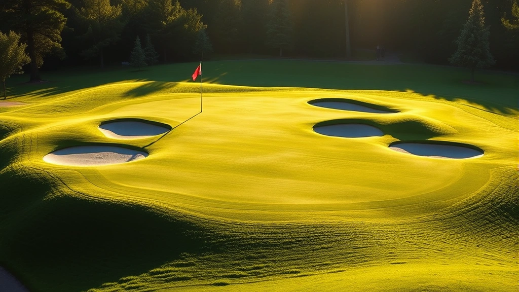 Elevated green complex with bunkers, flag visible, morning sunlight across putting surface, lush grass and strategic hazard positioning, championship course conditioning