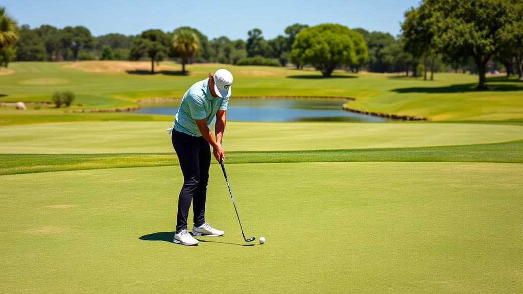 Golfer addressing ball on fairway with manicured grass and water hazard visible in background under clear Texas sky
