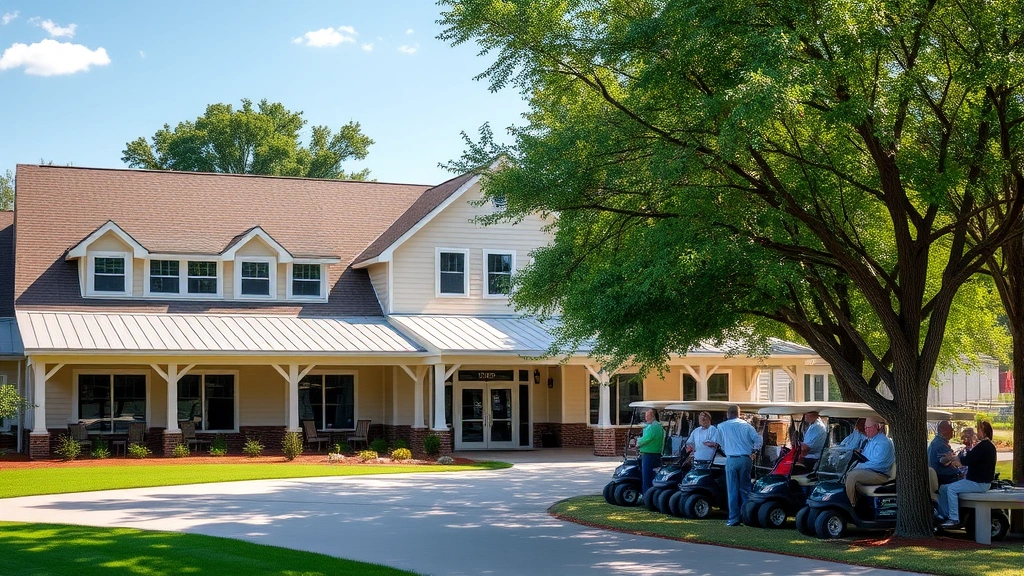 Clubhouse building with pro shop entrance, golf carts lined up, members socializing on patio, mature trees providing shade, welcoming golf facility atmosphere