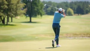 Golfer mid-swing on fairway with trees and natural landscape background, professional form, bright natural daylight, peaceful golf course setting