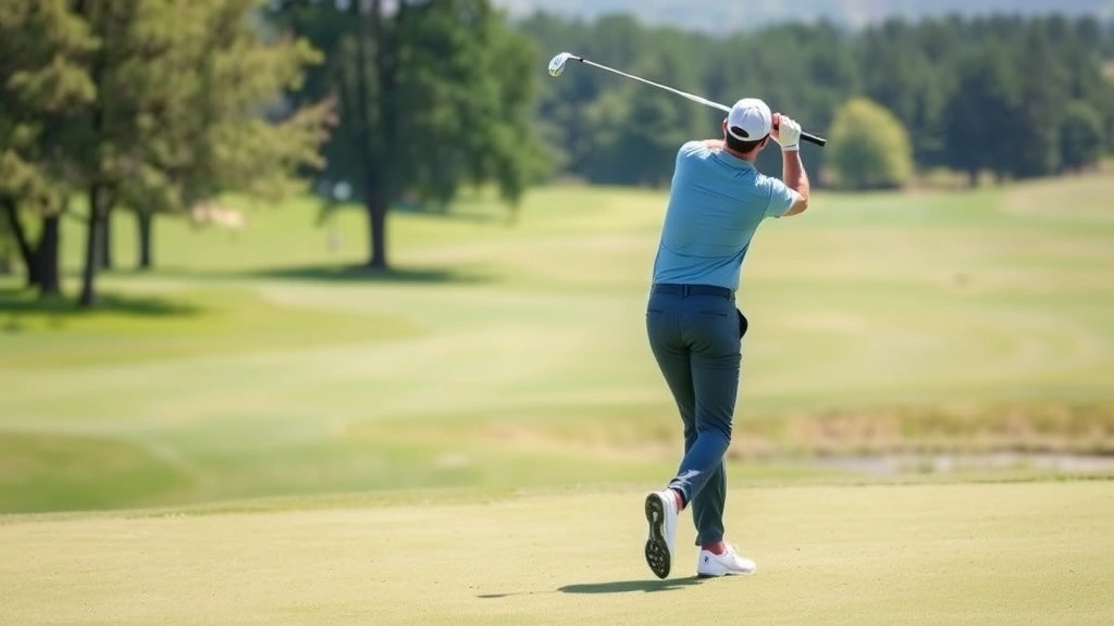 Golfer mid-swing on fairway with trees and natural landscape background, professional form, bright natural daylight, peaceful golf course setting