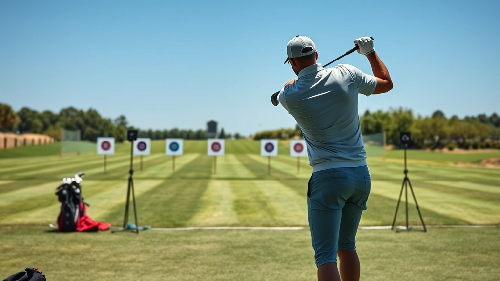 Golfer practicing swing technique at driving range with multiple targets visible, bright daylight, professional golf course setting with distance markers