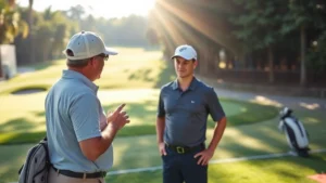Professional golf instructor demonstrating proper stance and posture to student on practice range, morning sunlight illuminating technique focus, realistic coaching environment with target greens in background