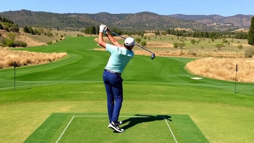 Golfer mid-swing on Highland Hills practice facility with clear target zones visible, demonstrating ball flight and technique, natural course setting with diverse terrain and proper alignment markers