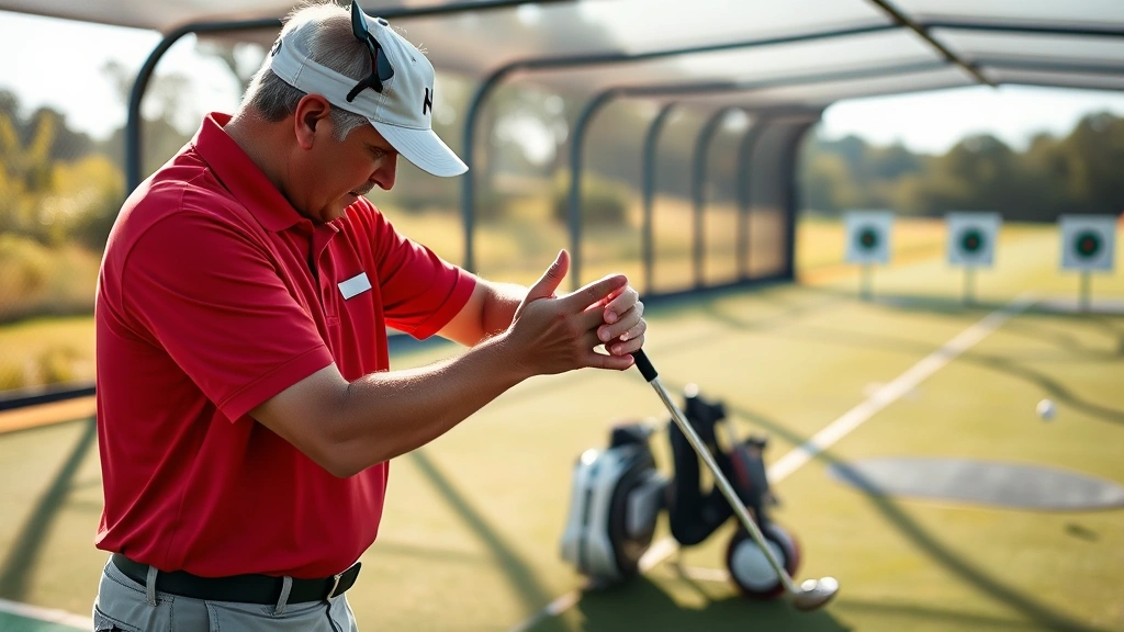 Professional golf instructor in polo shirt demonstrating proper grip technique to an adult student on a driving range, with golf balls and targets visible, morning sunlight illuminating the practice area
