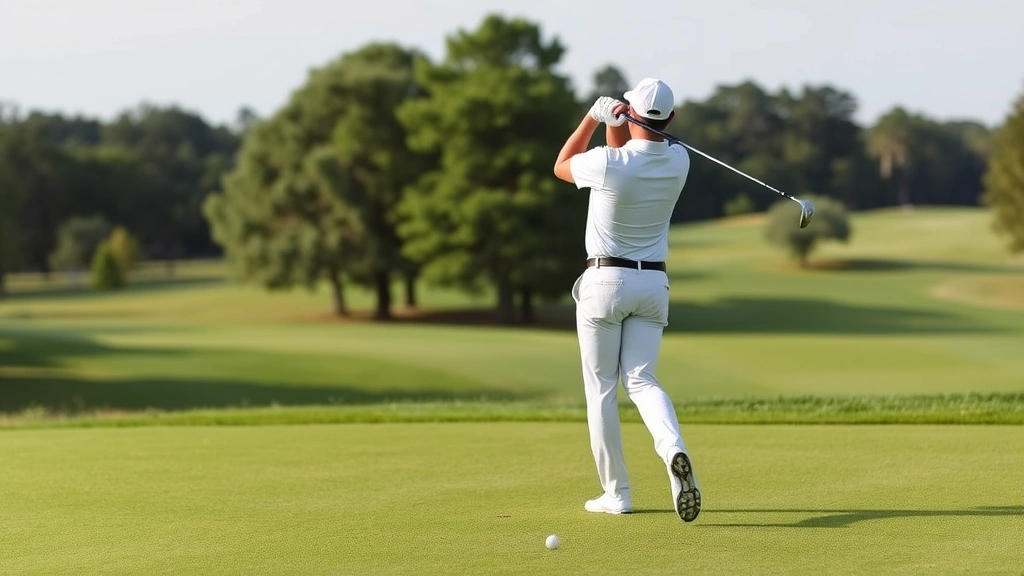 Golfer mid-swing on a fairway with lush green grass and trees in background, showing smooth motion and athletic form, clear sky, focusing on body position and swing mechanics