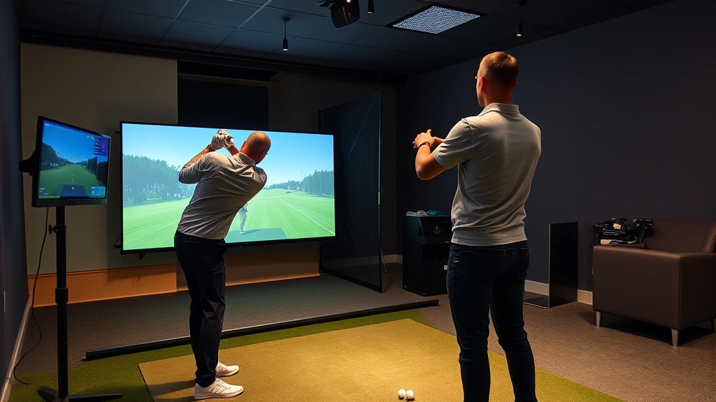 Modern golf training facility with launch monitor technology, instructor and student reviewing swing data on screen, practice bay with golf balls, professional indoor setting with warm lighting