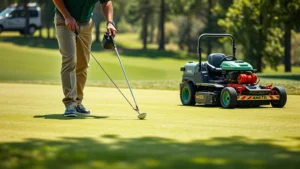 Professional golf course superintendent inspecting pristine putting green with precision mowing equipment, demonstrating agronomic excellence and turf maintenance expertise in natural daylight setting