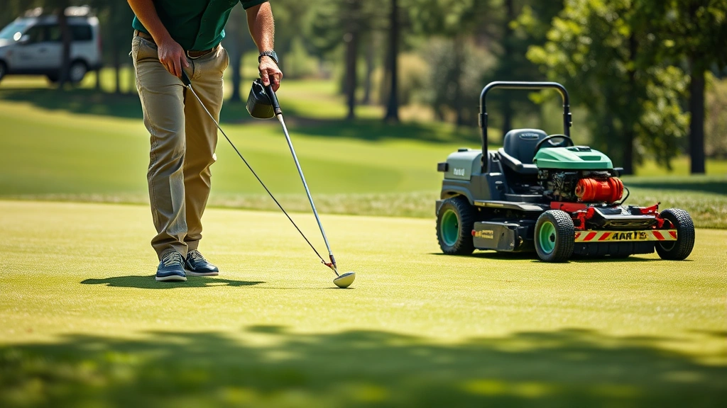 Professional golf course superintendent inspecting pristine putting green with precision mowing equipment, demonstrating agronomic excellence and turf maintenance expertise in natural daylight setting