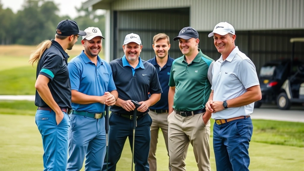 Diverse golf course management team collaborating outdoors near maintenance facility, showing positive workplace culture and professional staff development in modern golf operations environment