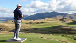 Golfer standing on elevated tee box overlooking rolling fairway with dramatic elevation changes, professional attire, focused expression, natural daylight with scattered clouds casting shadows across terrain