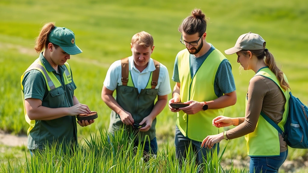 Diverse groundskeeping team collaborating outdoors, examining grass turf samples with soil testing equipment, professional attire, natural daylight, green course landscape background