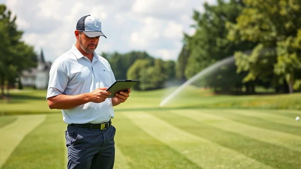 Golf course superintendent reviewing maintenance schedules on tablet device while standing in manicured fairway, modern irrigation system visible, sustainable practices demonstration