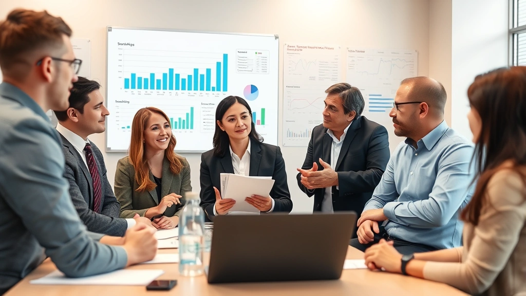 Professional staff members in meeting discussing strategic planning with charts and data analytics displayed, collaborative learning environment, diverse team members engaged in discussion