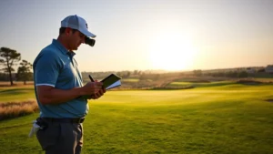Professional golfer analyzing course layout with notebook and rangefinder, standing on fairway of beautiful championship golf course, morning sunlight, focused expression, studying terrain