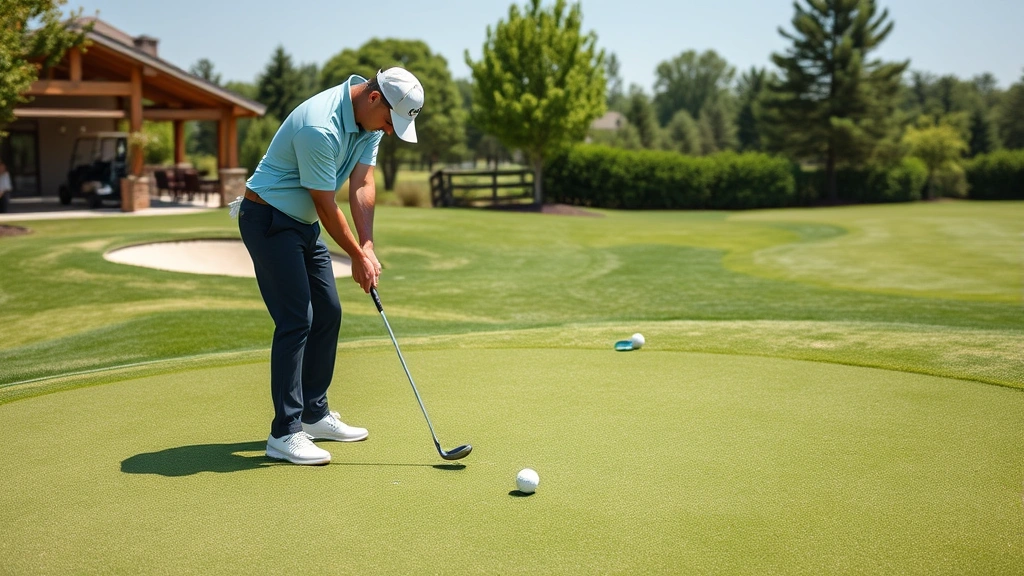Golfer practicing short game shots on practice green at home course, multiple golf balls on green, concentration on putting technique, outdoor daylight, realistic golf facility setting