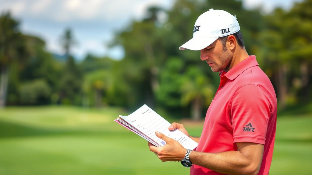 Golfer during round reviewing detailed course notes and strategy card, holding notebook with course information, preparing for next hole, natural golf course background, professional approach