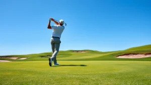 Golfer in mid-swing on undulating fairway with bunkers visible in background, clear blue sky, natural grass texture detailed, sunlit conditions highlighting elevation changes