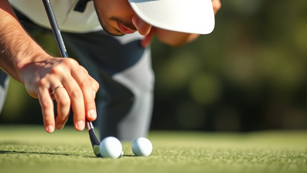 Close-up of golfer reading green with focused expression, examining slope contours with hand gestures, well-maintained putting surface visible, natural outdoor lighting