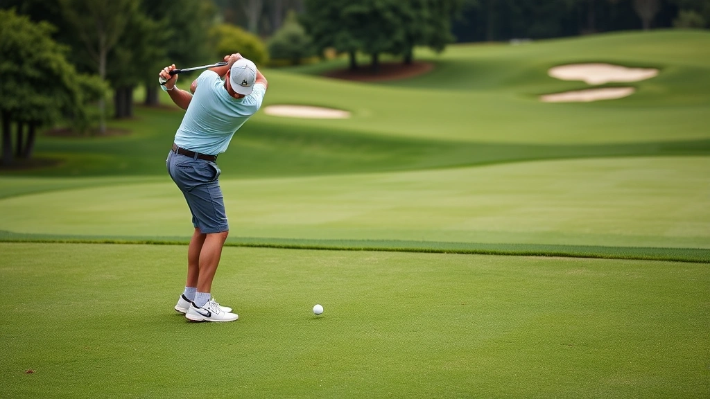 Golfer executing short chip shot from fairway edge near green, ball in flight mid-trajectory, green and hazards in background, action-capture photography style