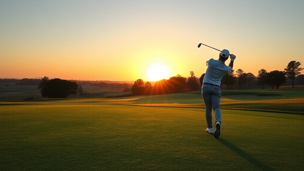 Golfer mid-swing at sunrise on manicured fairway with distant trees and clear sky, professional form captured in warm morning light