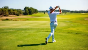 Professional golfer mid-swing on lush fairway with green landscape, focused expression, proper form demonstration, clear sunny day
