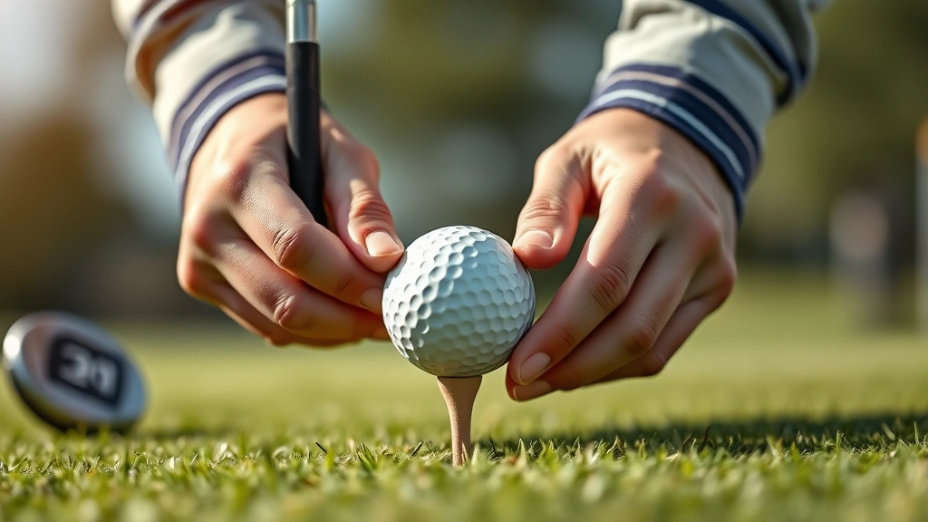 Golfer's hands gripping club above golf ball on practice tee, focused concentration with blurred background of driving range, photorealistic detail