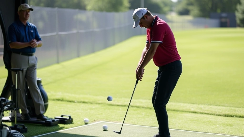 Golfer practicing at driving range with multiple balls, concentrating on technique, instructor observing in background, natural lighting