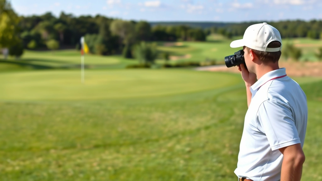 Golfer studying green while walking toward putting surface, analyzing slope and distance with rangefinder, scenic course landscape in background with trees and fairway