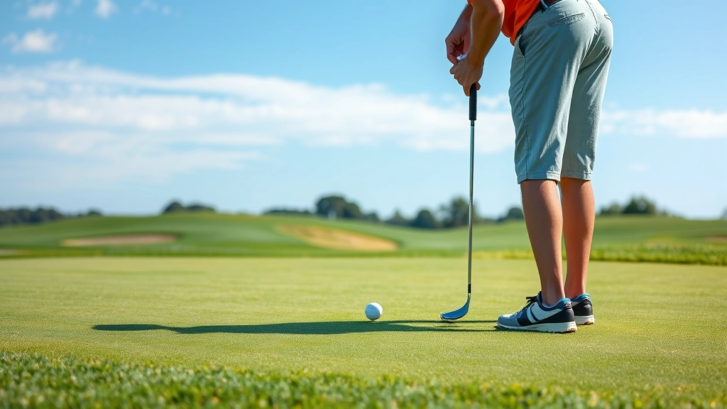 Golfer reading putting green from different angles, analyzing slope and break, peaceful course setting with manicured grass and blue sky