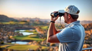 Professional golfer analyzing golf course elevation changes and water hazards from elevated viewpoint, studying strategic positioning with binoculars, desert landscape background, golden hour lighting