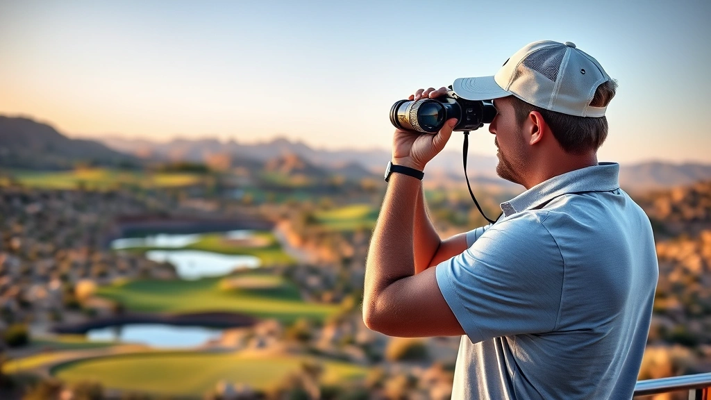 Professional golfer analyzing golf course elevation changes and water hazards from elevated viewpoint, studying strategic positioning with binoculars, desert landscape background, golden hour lighting