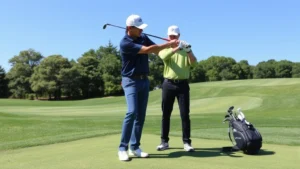 Professional golf instructor demonstrating proper swing mechanics to attentive student golfer on practice range with manicured grass and clear blue sky