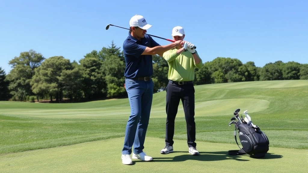 Professional golf instructor demonstrating proper swing mechanics to attentive student golfer on practice range with manicured grass and clear blue sky