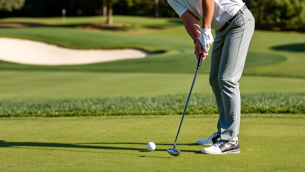 Golfer demonstrating short game technique near green with bunker visible, executing chip shot with proper stance, manicured golf course grass, detailed focus on swing mechanics