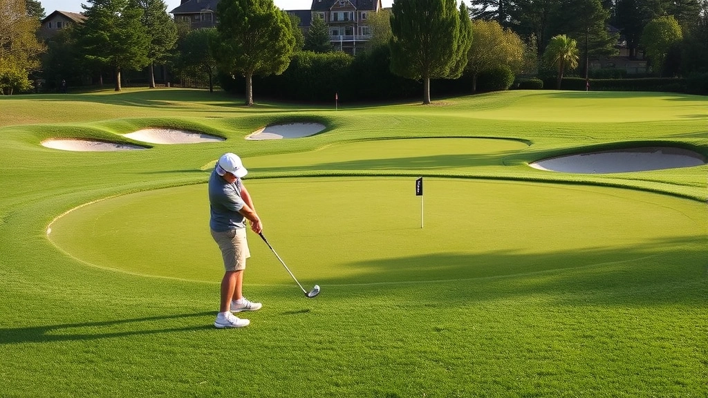 Golfer practicing short game shots on well-maintained chipping green with varied terrain and multiple flag positions visible in natural lighting