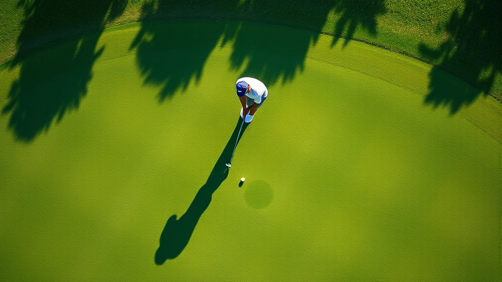 Aerial view of golfer on fairway reading putt on sloped green, bent grass green surface with distinct shadows showing slope direction, focused concentration expression, professional tournament setting