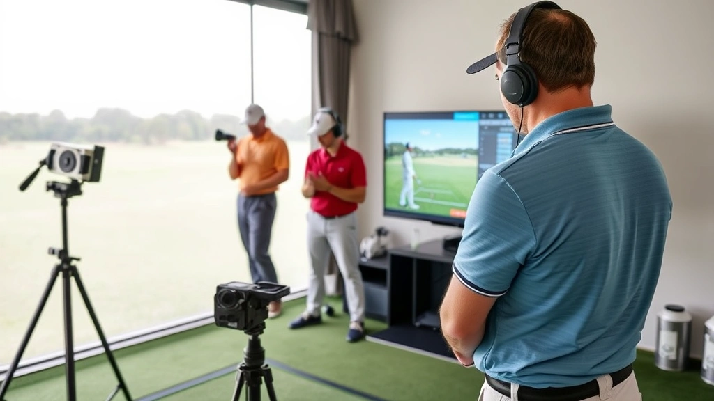 Multiple golfers using launch monitor technology and video analysis equipment during coaching session with instructor reviewing data on monitor