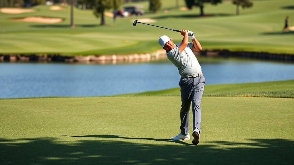 Golfer executing full swing on scenic golf course hole with water hazard visible, demonstrating proper form and weight transfer during downswing, natural lighting