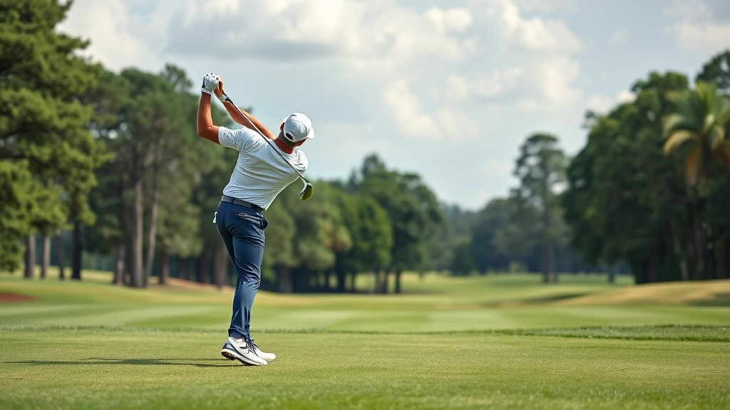 Golfer completing balanced finish position after full swing, body rotated toward target, weight shifted to front leg, peaceful golf course background with trees