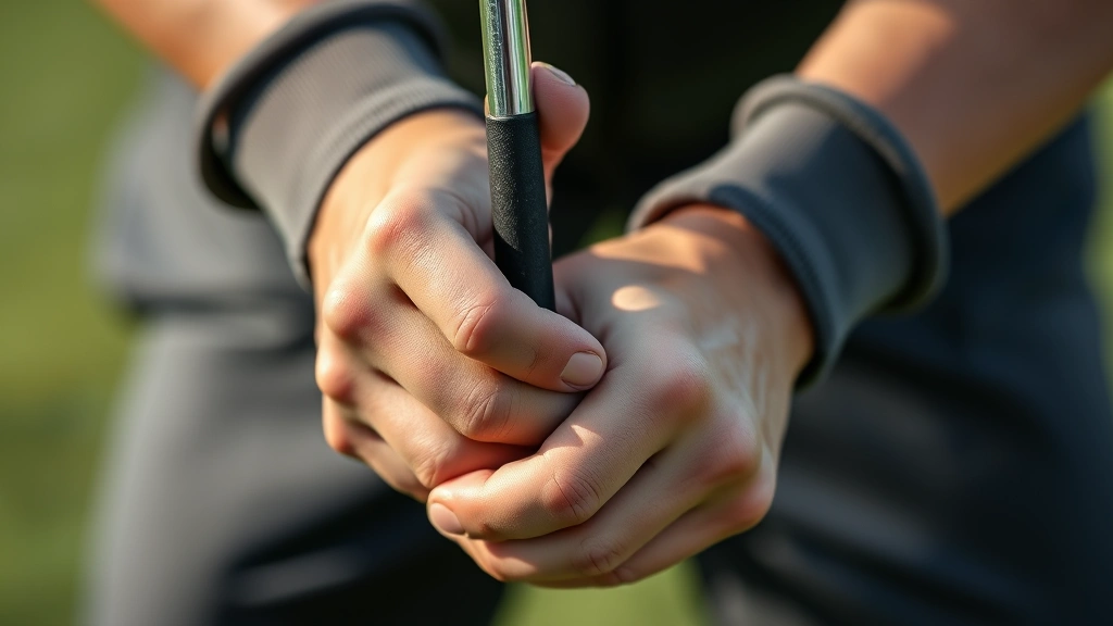 Close-up of golfer's hands showing proper grip technique on club, demonstrating overlap grip style, natural lighting showing hand positioning and pressure