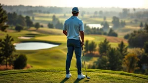 Professional golfer standing on elevated tee box overlooking scenic golf fairway with water hazard visible below, morning sunlight illuminating manicured course, distant trees framing landscape, wearing golf attire and holding driver