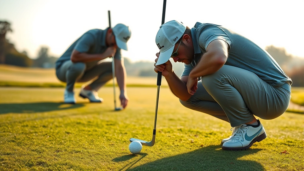 Close-up of golfer analyzing putting green from multiple angles, crouching behind ball to read slope and contour, morning dew on grass, focused expression studying break patterns and grain direction